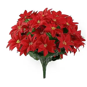 Artificial Poinsettia Bouquet 5 Pack 15'' Poinsettia Bush Christmas Flowers for Porch Home Garden Indoor Outdoor Xmas Decorations Plastic Faux Flowers (Red)
