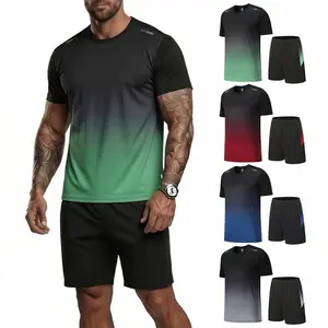 3 Pack Men's Gradient Athletic Outfits, Quick Dry Short Sleeve T-Shirt & Shorts Set, Breathable Moisture Wicking Reflective Strips, Summer Gym Workout Running Training Casual Sports Wear
