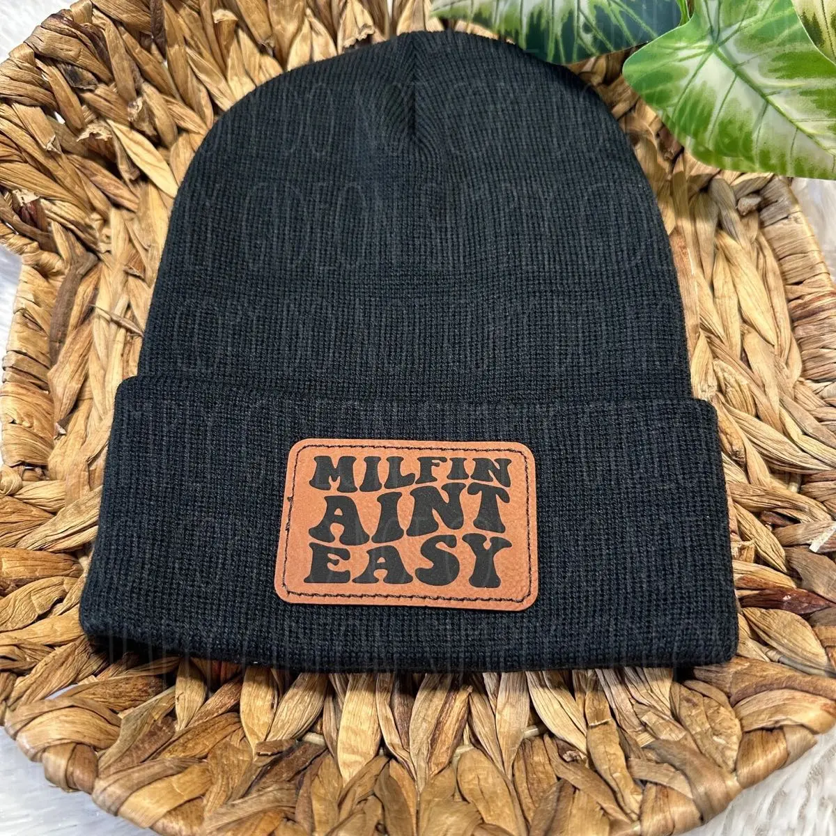 Women's Fashionable Design Black Cuffed Beanie, Soft Acrylic Winter Hat with "Milfin Aint Easy" Patch, Trending Warm Knit Cap