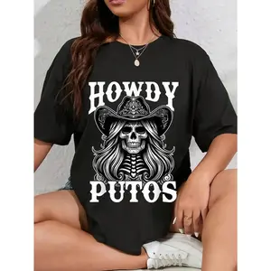 100% Cotton Howdy Putos Vintage Western Cowgirl Skull Spanish Slang T-Shirt