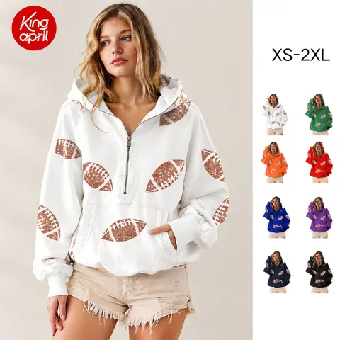 Kingapril Women's Game Day Sweatshirts Football Sequin Hoodies Tailgate Outfits Long Sleeve Zipper Sweaters with Pocket Casual Womenswear,back to school,back to school shopping,clothes for back to school,first day of school outfits