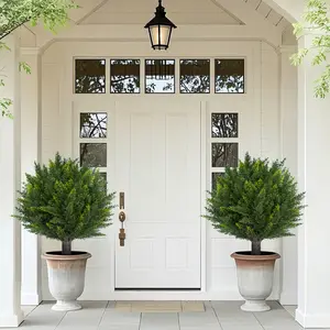 🌿 Set of 2 Artificial Cedar Topiary Ball Trees – 24"H UV Resistant Faux Cypress with Ground Spikes – Perfect Fake Shrubs for Front Porch, Garden or Backyard! ✨, Decor, Plants