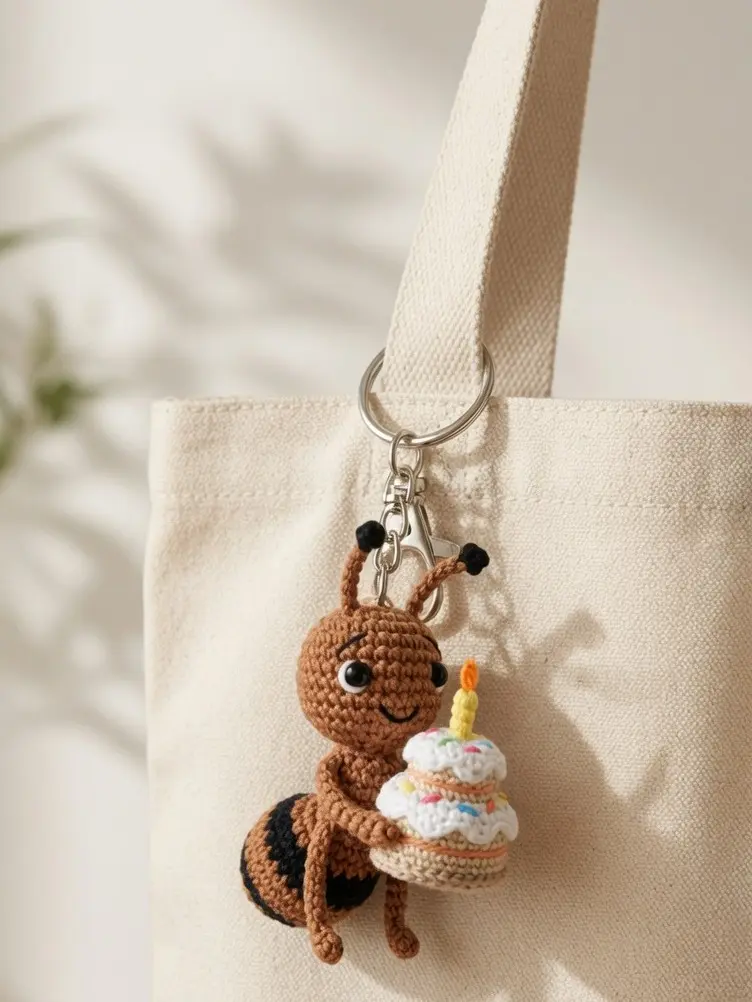 Handmade Crochet Ant Keychain with Birthday Cake | Cute Amigurumi Ant Bag Charm | Kawaii Crochet Keyring | Birthday Gift for Her