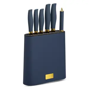 7-Piece Slim Knife Block Set – Stainless Steel Gold Blades with Blue Storage Block