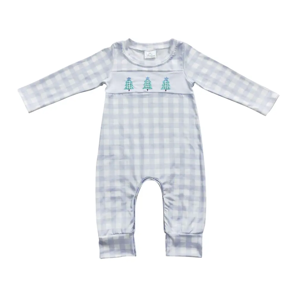 Christmas baby boy long sleeve embroidery tree plaid romper