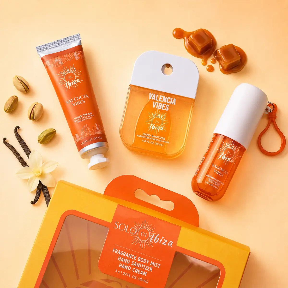 SOLO EN IBIZA Valencia Vibes Hand & Body Care Gift Set, 3-Piece Multi-pack with Fragrance Mist, Cleansing Sanitizer & Shea Butter Cream, Floral Pistachio & Almond Scent, Vanilla, Jasmin, Hand Cream, Anti-Bacterial, Travel Ready, All Skin, Food, Liquid, On