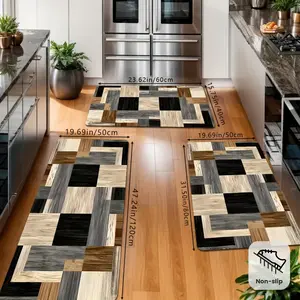 Multi-color Imitation Wood Grain Splicing Plaid 2pcs/3pcs Kitchen Decoration Soft Sponge Absorbent Anti-slip Kitchen Mat Set, Can Be Washed Bathroom Floor Mat Set, Bedroom, Kitchen, Living Room, Bathroom Entrance Door Mat, Holiday Universal Atmosphere Spr