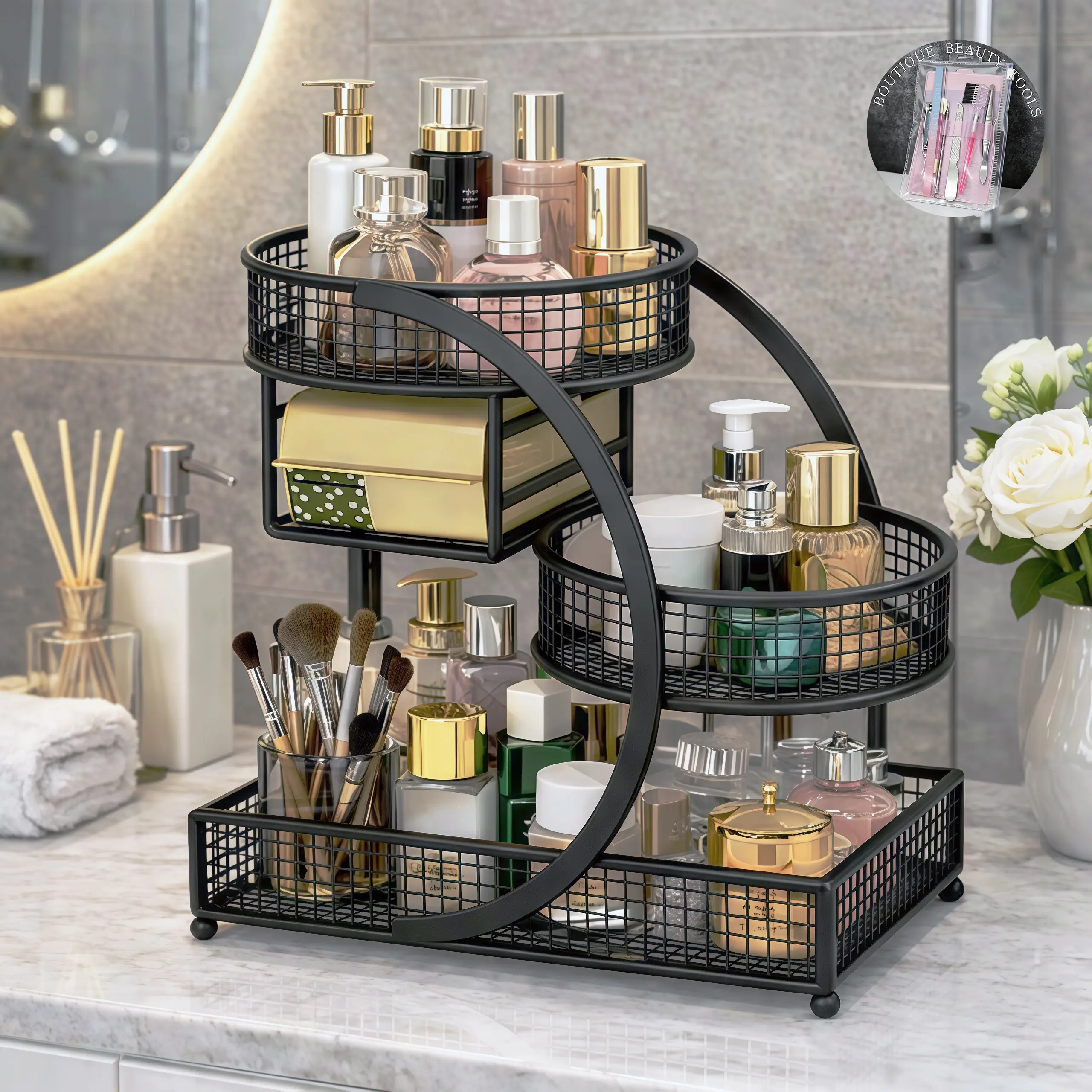 1pc No-Install Metal Cosmetic Storage Rack(Free Beauty Tools Gift), Spiral 3-Tier Mesh Vanity Organizer With Tissue Holder, Space-Saving Countertop Shelf For Lipstick, Skincare, Brushes, Bottles, Perfume & Tissue