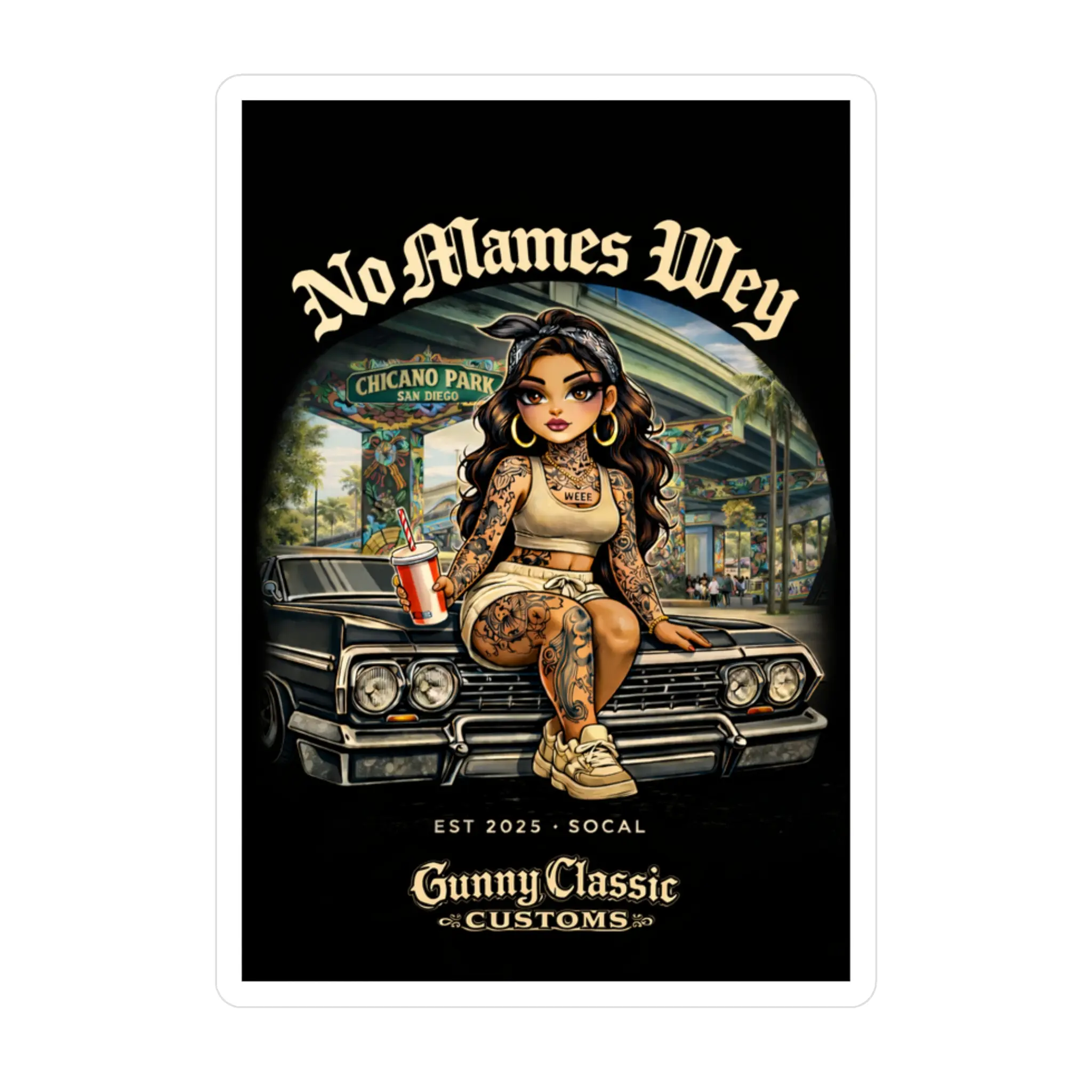 Chicana Art "No Mames Wey" Kiss-Cut Vinyl Decal - 3x4 in/4x6 in Sizes, 3-Year Durability, Lowrider Window Compatible, Water Resistant, Removable Glue, Illustrated Chola Design, for Locker, Laptop Owners