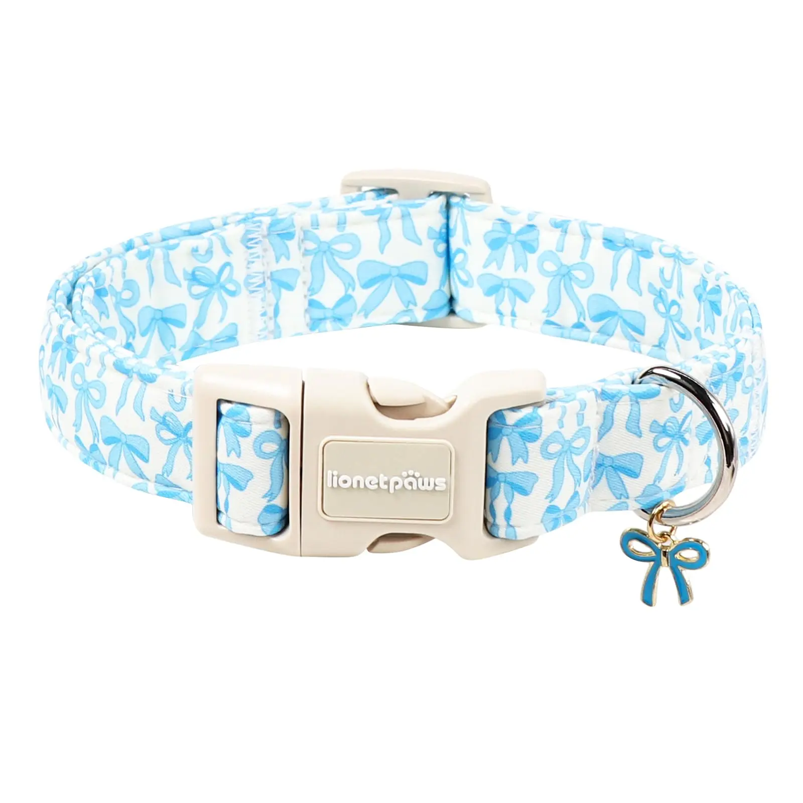 Lionet Paws Cute Blue Bow Quick-Release Press Plastic Buckle Dog Collar with Bowtie Pendant, Summer Pet Accessory