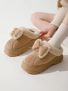 Women's Butterfly Knot Cotton Slippers, Fall & Winter Indoor Warm Home Shoes, Luxurious Suede Velvet, Casual Medium Width
