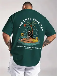 Men's Comfortable Summer Street Style T-Shirt, Skull Beach Graphic, Loose Fit, Casual & Vacation Wear, Short Length, All Seasons Streetwear