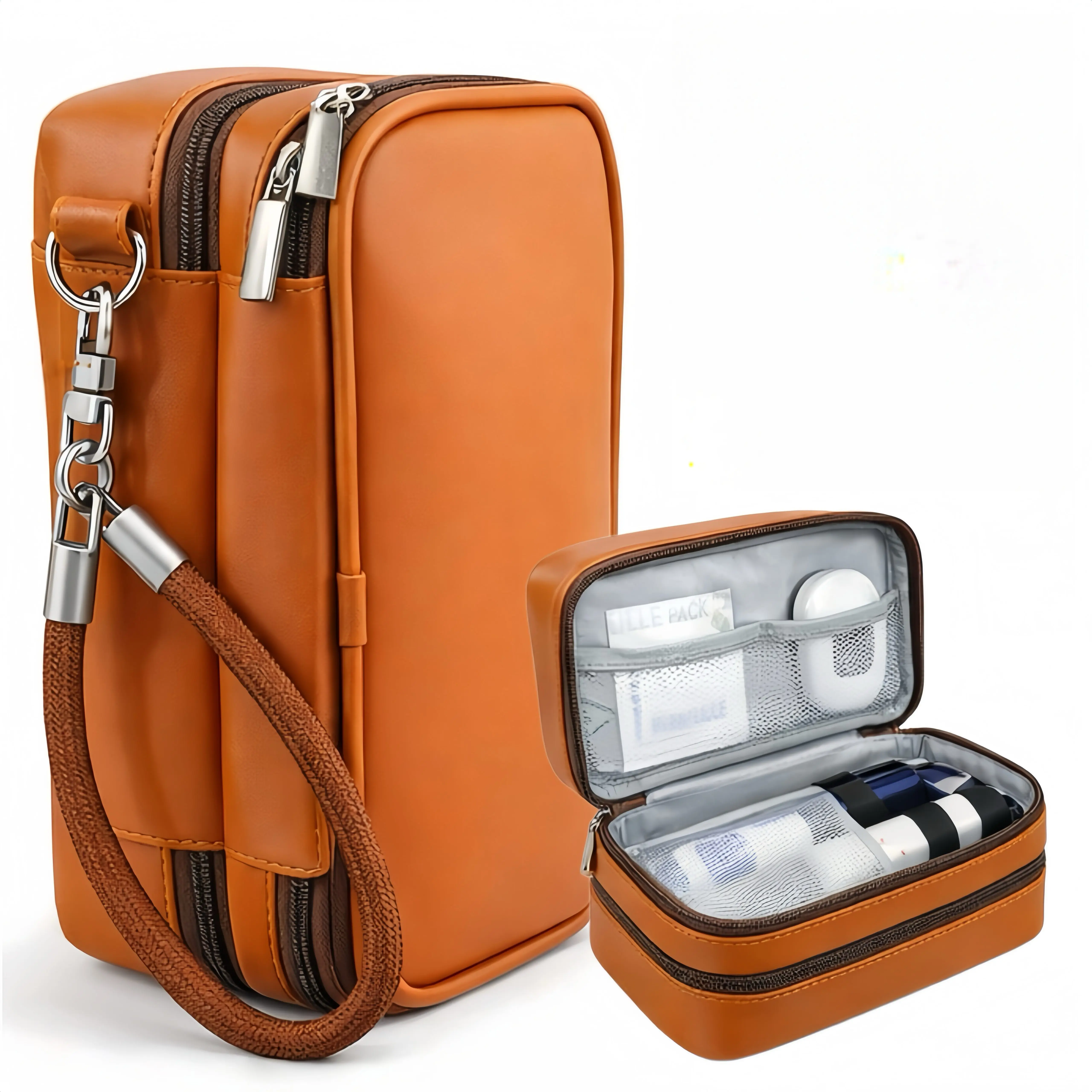 Black/Brown Insulin Travel Case, Double Layer Diabetic Supplies Organizer Bag With Wrist Strap, Large Capacity Medical Storage Pouch For Insulin Pens, Meter, Test Strips, Bag Only