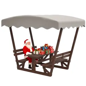 Outdoor waterproof solid wood picnic table and bench set with removable canopy - suitable for all-weather patios, gardens, decks, parks, beaches