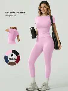 Womens 2 Piece Set Sleepwear Short Sleeve Long Pants Solid Color Soft Breathable Fashion Crew Neck Casual Versatile Snug Loungewear Set High Stretch Butt Lifting Slim Fit Yoga Wear All Season Home Outdoor Womens Outdoor Fitness Training Sportswear