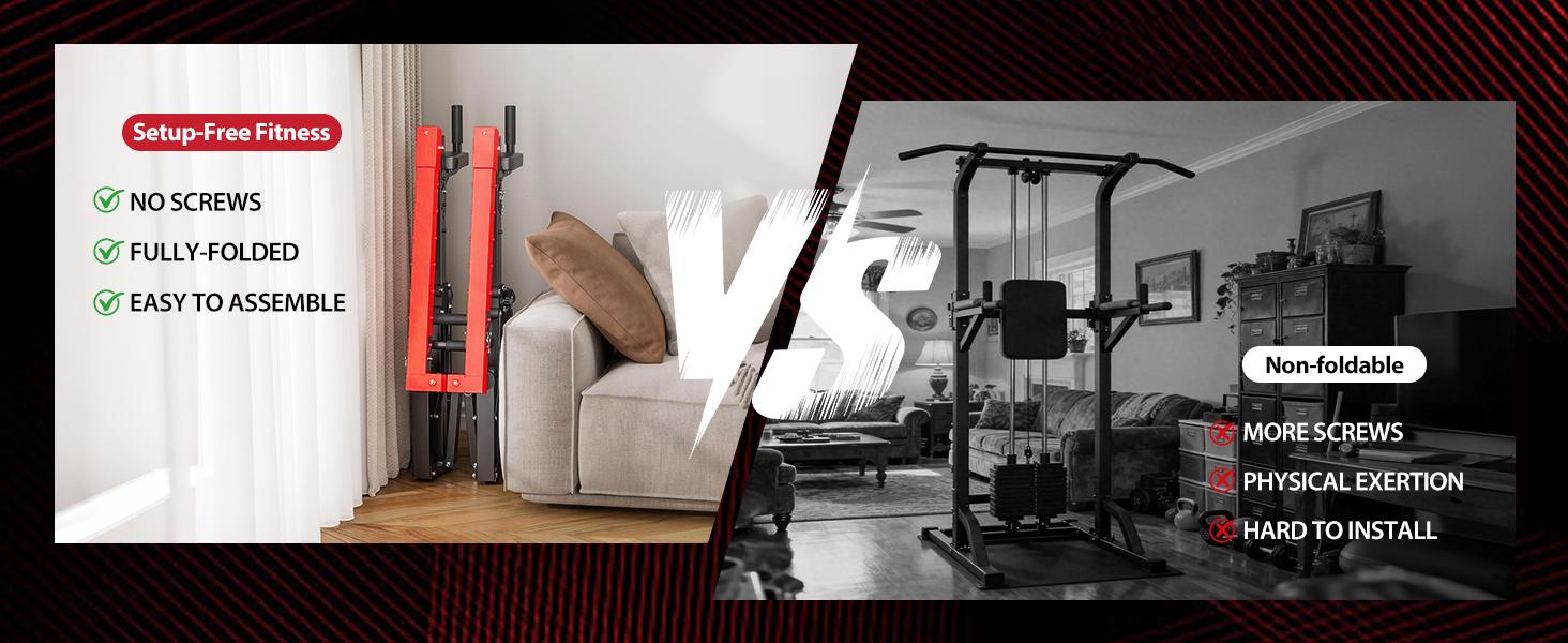 NICOLE SELECTION Power Tower with Adjustable Height & Foldable Design, Heavy Duty Pull Up Bar Station for Home Gym (150KG Load, Arm Protections, Stable Triangle Base)