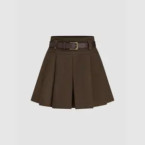 Cider [2 colors, size 0-10] Mid Waist Solid Pleated Skort with Belt