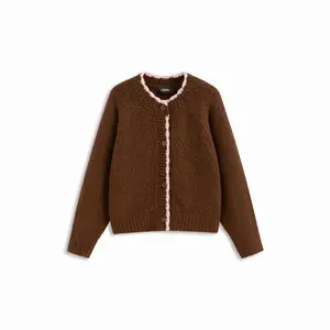 Cider Knit Wool-blend Round Neckline Long Sleeve Contrasting Binding Button Cardigan