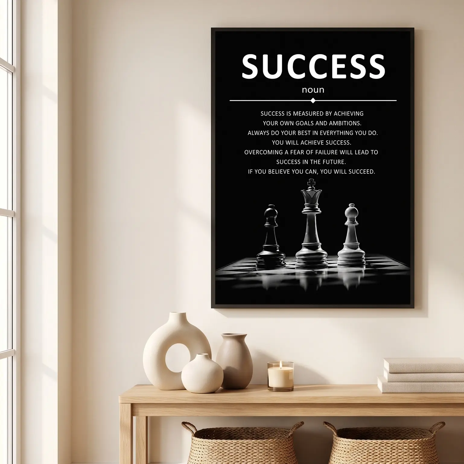 3-Piece Minimalist Typography Chess Wall Art Set with Inspirational Workplace Success Quotes, Hanging Ready-to-Hang Posters & Prints for Office, Kid Room, Classroom Home Decor, Gift-Ready Balcony Decoration