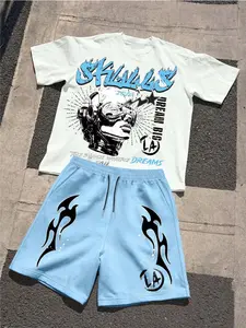 Men's Classic Graphic Print Round Neck Short Sleeve Tee and Casual Shorts Matching Set, Fitted Regular Length, No Collar, No Zipper, No Button