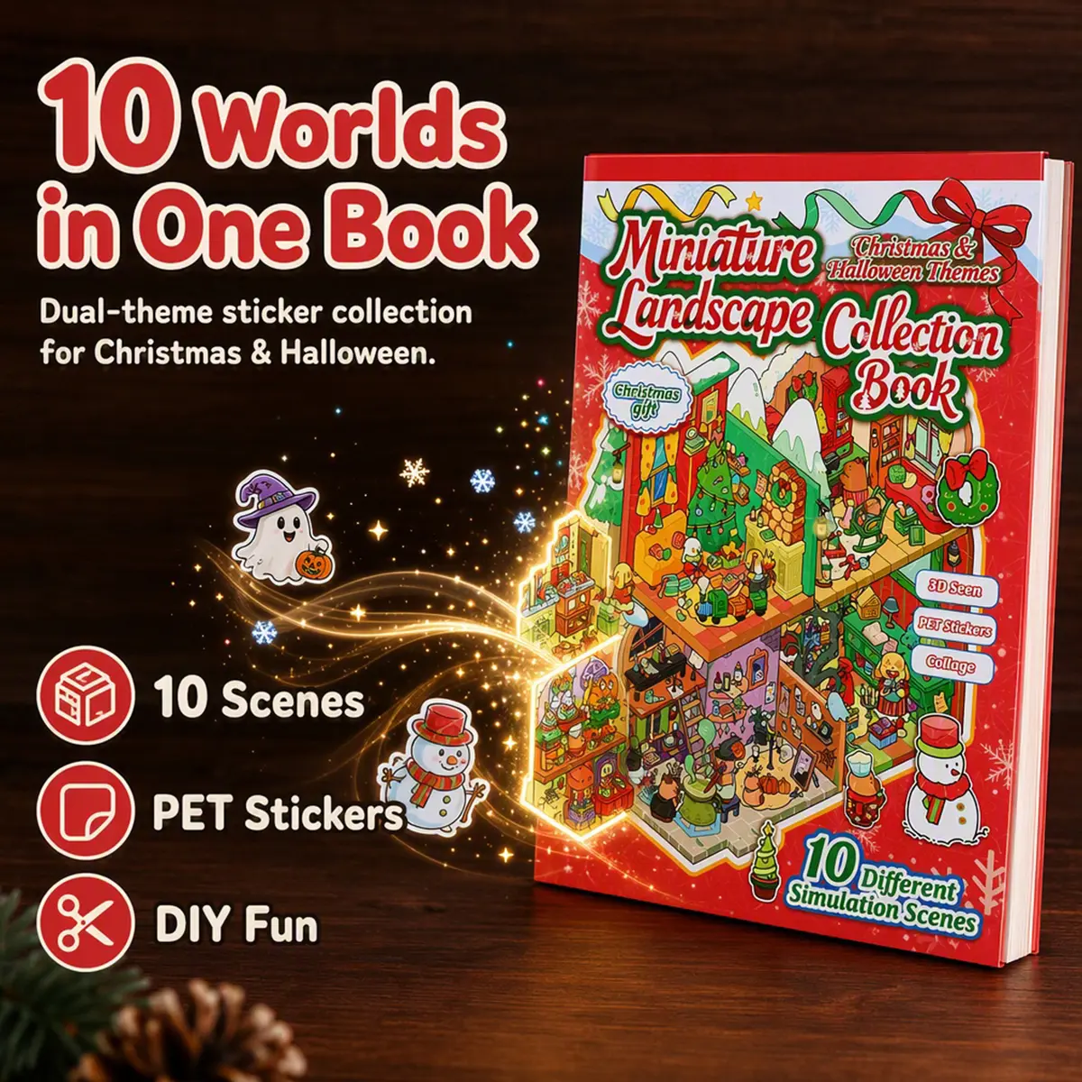 10 Sets DIY Miniature 3D Sticker Scene Book, Sticker Therapy Scenes Collection Book for Adults Stress Relief Pass The Time, Make Your Own House Miniature Cute Cartoon Animal Isometric Scene Funny Stickers