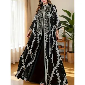 Plus Size, 2026 Middle Eastern New Women's Elegant Bead Embroidered Black Robe Eid Al-fitr/eid Al-adha/ramadan Plus Size Muslim Fake Two Piece Set Open Collar Mesh Hoodie Dubai Saudi Traditional Clothing Long Sleeve Cardigan Dress 2