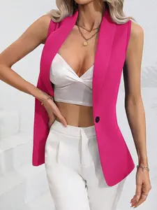 A women's solid color cardigan single button Fitted jacket sleeveless round neck coat, suitable for summer, suitable for daily commuting, Vests