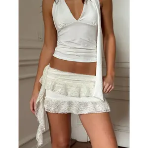 Lace Skirt XL White 100% Polyester Women's Fashionable Layered Ruffles with Belt Plus Size Skirt for Casual Wear