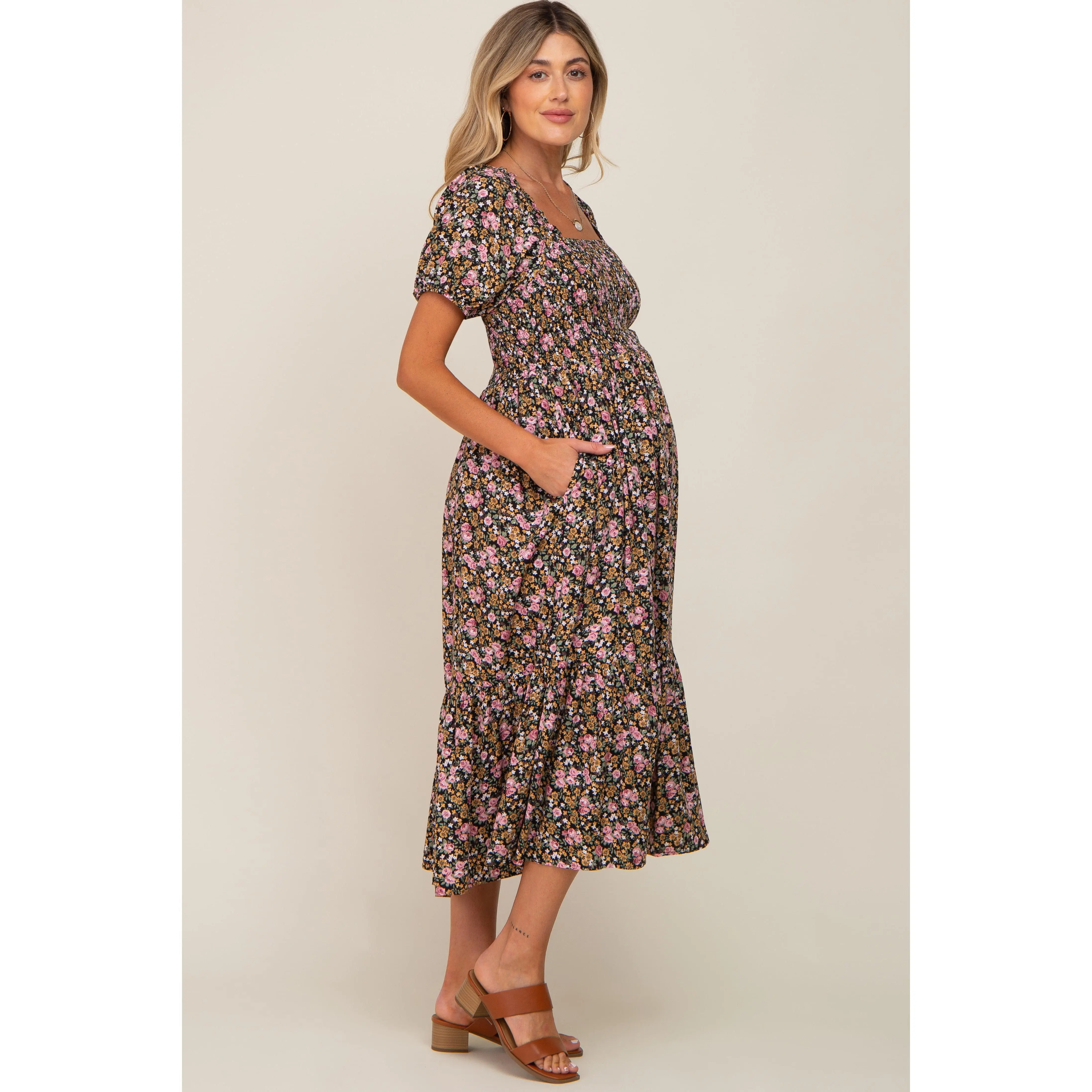 knee length dresses for ladies Adita | Blush Pink Mesh Floral Bardot Maternity Midi Dress main image 0
