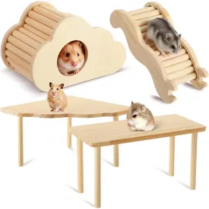 4 Pcs Hamster Platform Hideout Wooden Tunnel Ladder Playhouse Climbing Toy Cage Accessories for Dwarf Syrian Mice Degus Gerbils Squirrel(Cloud)