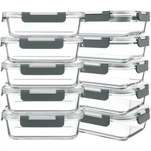 STANDARD GOODS 10 Packs 30 oz Glass Meal Prep Containers,Glass Food Storage Containers with Lids,Airtight Glass Lunch Bento Boxes,Microwave,Freezer and Dishwasher,Gray