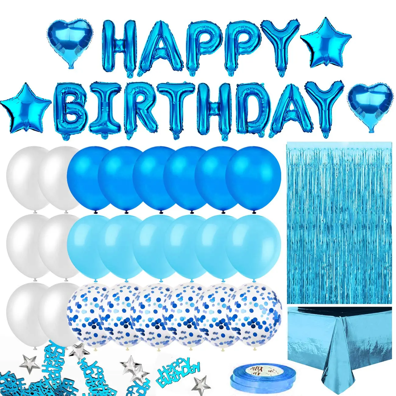 Blue Birthday Party Decorations Set, Happy Birthday Banner, Sky Blue Fringe Curtain, Foil Tablecloth, Star Heart Foil Balloons, Confetti Balloons, blue candy balloons