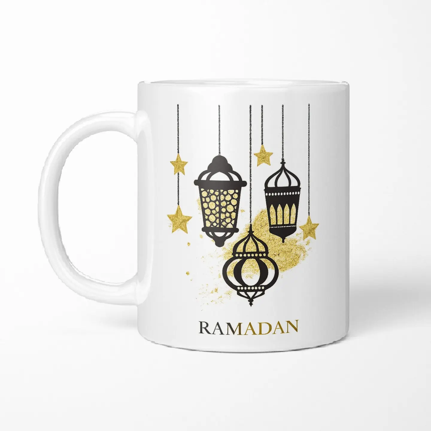 Elegant Ramadan Mubarak Mug: Black Lanterns with Golden Stars Design, 11oz Ceramic Coffee Cup, Thoughtful Islamic Holiday Gift for Family and Friends.