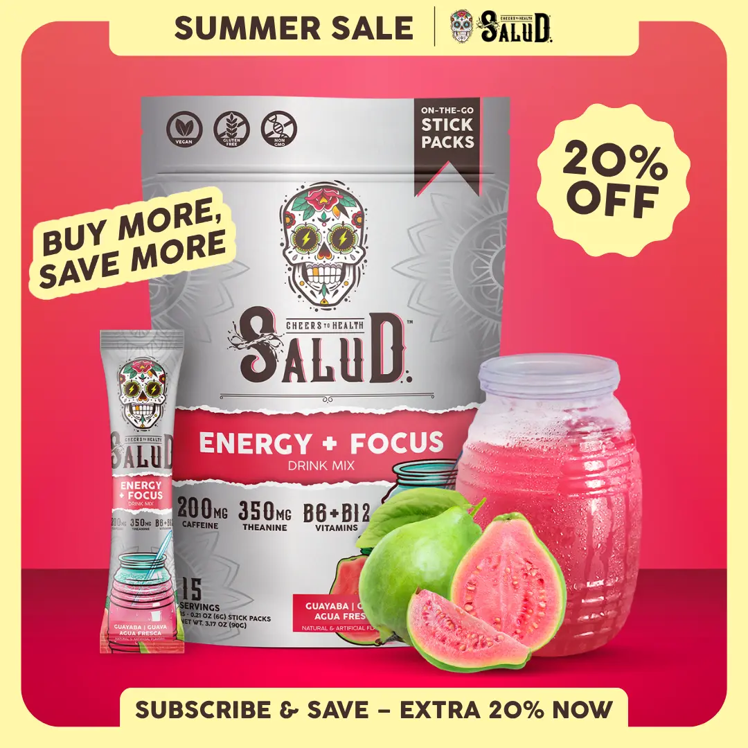 Salud 2-in-1 [Energy + Focus - Guava] Clean Energy Drink Mix, Agua Fresca, Organic Caffeine, B6 & B12, L-Theanine, Drink Packets, Non-GMO, Gluten Free, Vegan, Low Calorie, 1g Sugar (15 Servings)