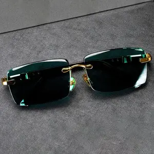 Retro Frameless Men Sunglasses for Cycling Driving Outdoor Use Fashion Eyewear with Metal Frame Green Crystal Accent Leopard Pattern UV Protection