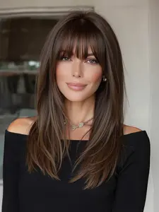 Bangs Medium-Length Bone Straight Wig Set, Natural Looking Wig, Natural Daily Wear Synthetic Hairpiece, Full Head Coverage for Women, Easy Maintenance Design