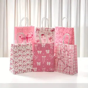 6 Pink Bow-Themed Party Gift Bags, Party Packs - Perfect for weddings, bridal showers, birthdays. Features pink bows, stars, and whimsical bow designs, sturdy handle packaging bags ideal for bridal parties, Easter