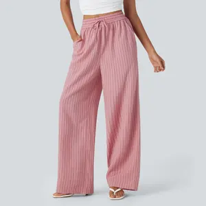 Halara High Waisted Drawstring Wide Leg Stripe Casual Linen-Feel Pants with Side Pockets