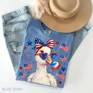 Preppy Patriotic Goose Comfort Colors T-Shirt, Coquette 4th of July Duck Shirt, Brushstroke Patriotic Graphic Tee, Cute Americana Summer Shirt Leopard