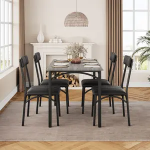 YJ-Garvee 5-Piece Dining Table Set for 4 with Upholstered Chairs,1 table 4 chairs, Rectangular Kitchen and Dining Room Table Set, Ideal for Small Spaces, Apartments, Studios, in Rustic Gray Finish