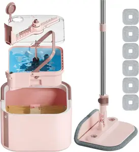 Spin Mop and System Kit, Self-Separating Soil, Foldable Square Mop Head with Washable Interchangeable Mop Pads, Pink (Mop Set with 6PC Pads)