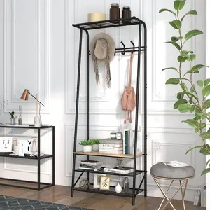 Coat Rack, Hall Tree with Bench and Shoe Storage, Entryway Bench with Coat Rack, 5 Hooks and 3 Tier Shoe Storage, Metal Frame for Entryway, Hallway, Front Door, Rustic Brown