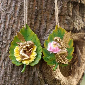 Colorful Leaf Sleeping Fairy Hanging Decorations, Garden Ornament Resin Craft, 2 Pieces, Perfect for Home and Outdoor Decoration
