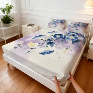 3Pcs Watercolor Blending Floral Fitted Sheet Set, Healing Elegant Art Style, Non-slip Fit Skin-friendly Breathable, Ideal for Summer Housewarming Bedroom Renovation