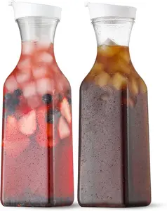 50 Oz Water Carafe with Flip Top Lid, Set of 2 Square Base Containers, Clear Plastic Pitcher - for Iced Tea, Juice, Beverage, Milk, Cold Brew and Mimosa Bar - HAND WASH ONLY Drinkware Jugs water pitcher