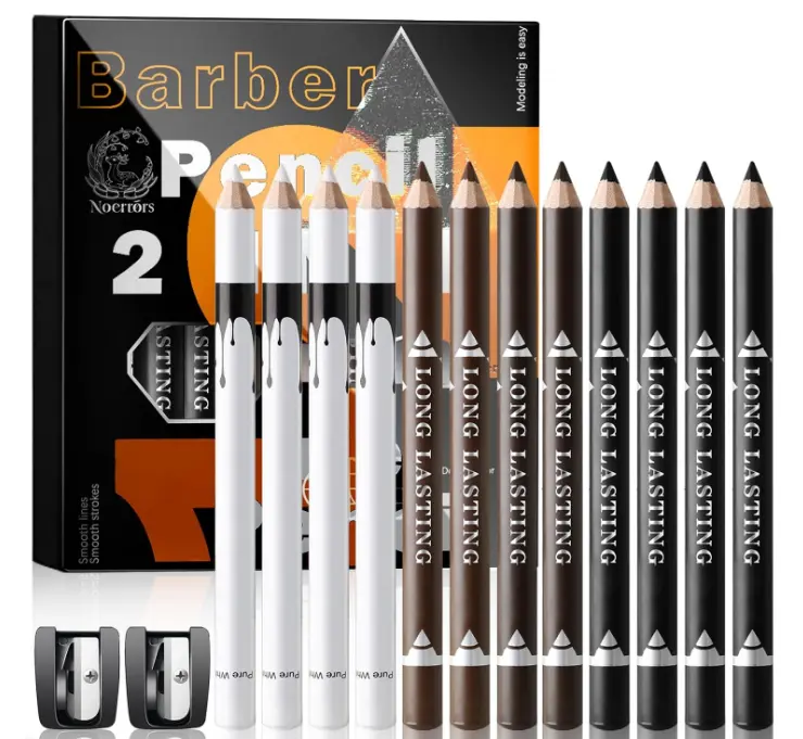 Noerrors 12Pcs Barber Pencil Set Magic Hairline Pencils for Lineup Beard Shaping Guide Pen with Sharpener Barber Chalk for Men Makeup Design White Black Dark Brown Light Brown