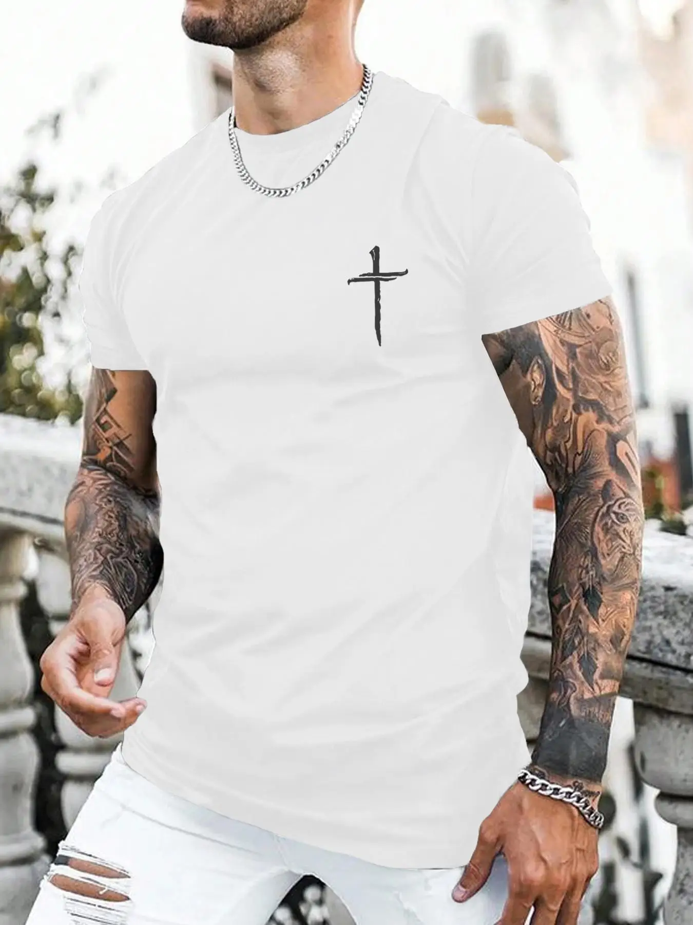 Men's Regular Fit Nail & Cross Print Short Sleeve Tee without Necklace, Casual Graphic Round Neck T-shirt for Summer, Fashion Men's Top for Daily Wear