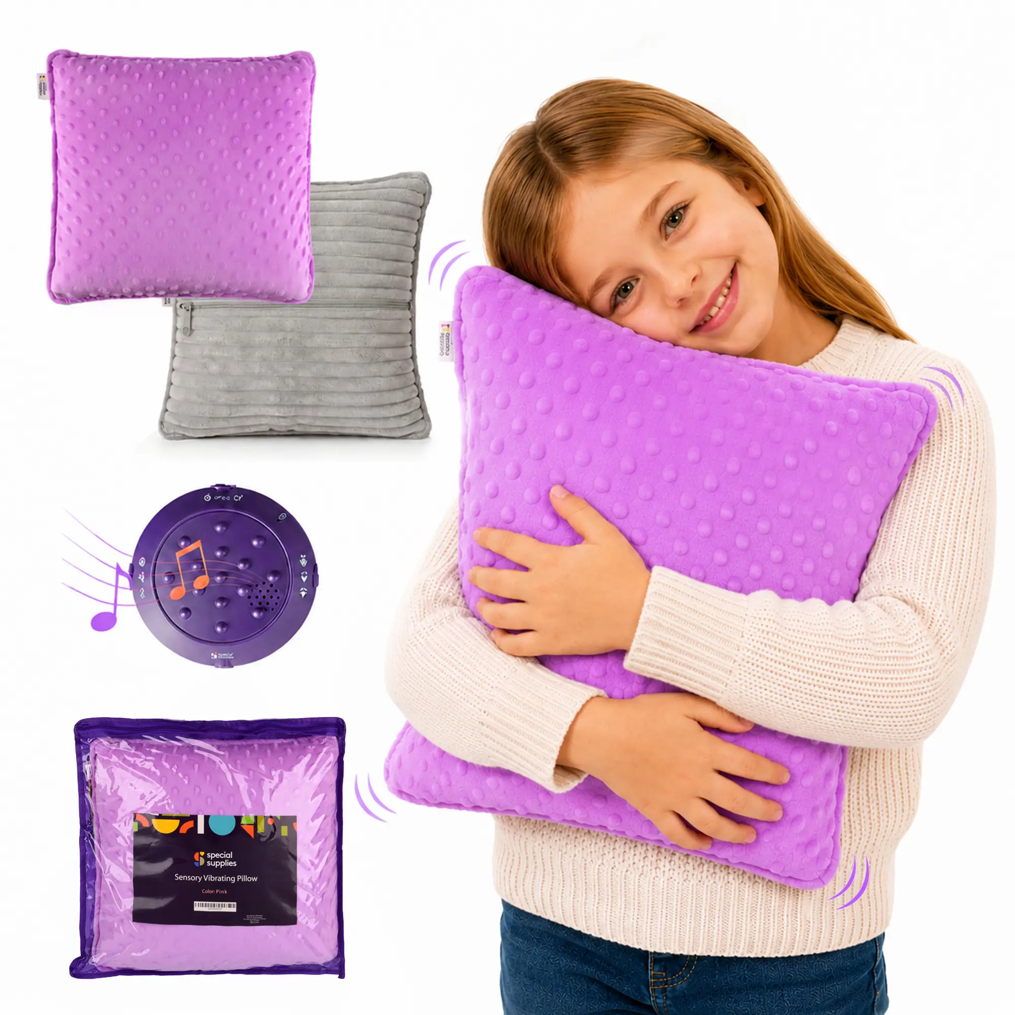 Special Supplies Sensory Vibrating Pillow for Kids and Adults 12" Plush Velvet Soft Cover with Textured Therapy Stimulation HUG TO ACTIVATE Purple