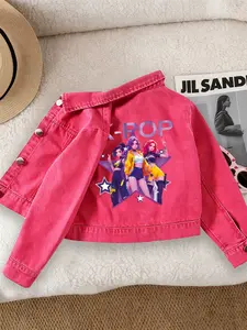 Girls' Casual Fashion Denim Jacket, Sweet Cool Kpop Girl Group Pattern Print, Comfortable Fit, Suitable for School and Dates, Ages 12 and Under