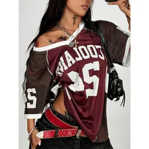 Y2k Mesh Jersey Oversized Shirt Graphic Tee Half Sleeve V Neck Streetwear Summer Tops